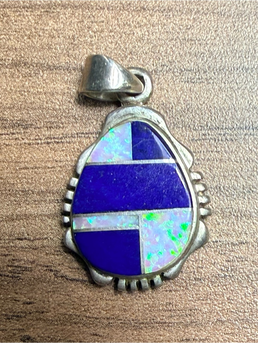 Vintage Navajo Silver Opal Lapis Inlay Pendant